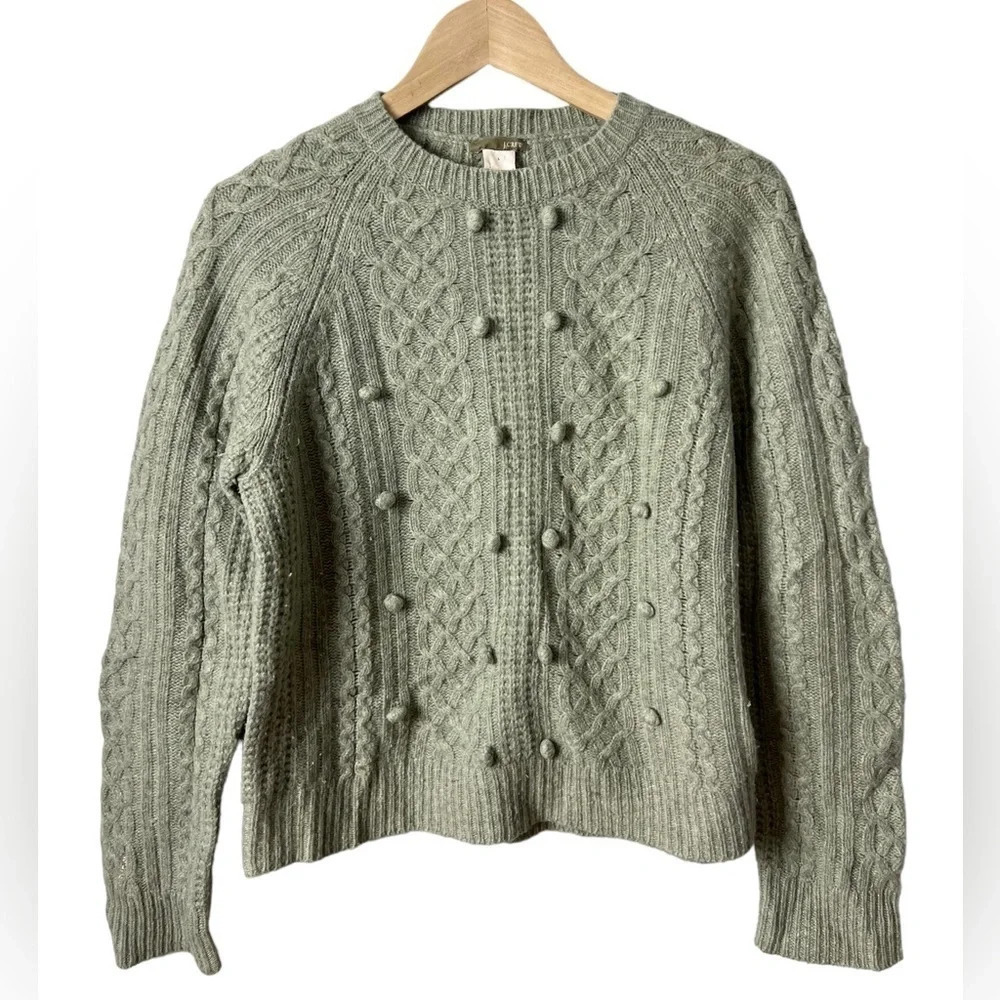 J. Crew • Green Lambswool Pom Pom Cable Knit Sweater